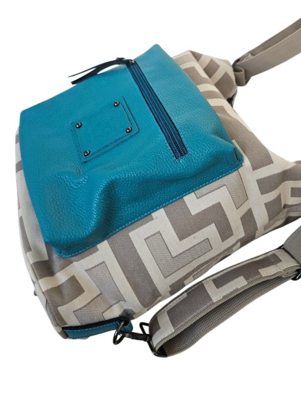 Forest Canvas Geo-Pattern Backpack -Sholder Bag with Teal Leather Pocket - Picture 5 of 16